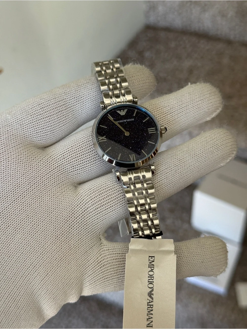 Emporio Armani women’s Silver Bracelet Watch with Sparkling Navy Dial